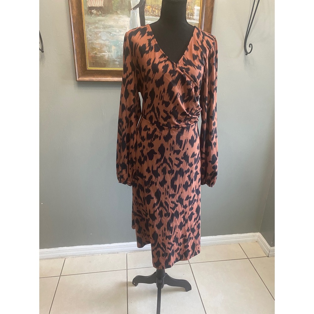 Rust Black Abstract Animal Print Faux Wrap Midi Dress Long Sleeve V-Neck
